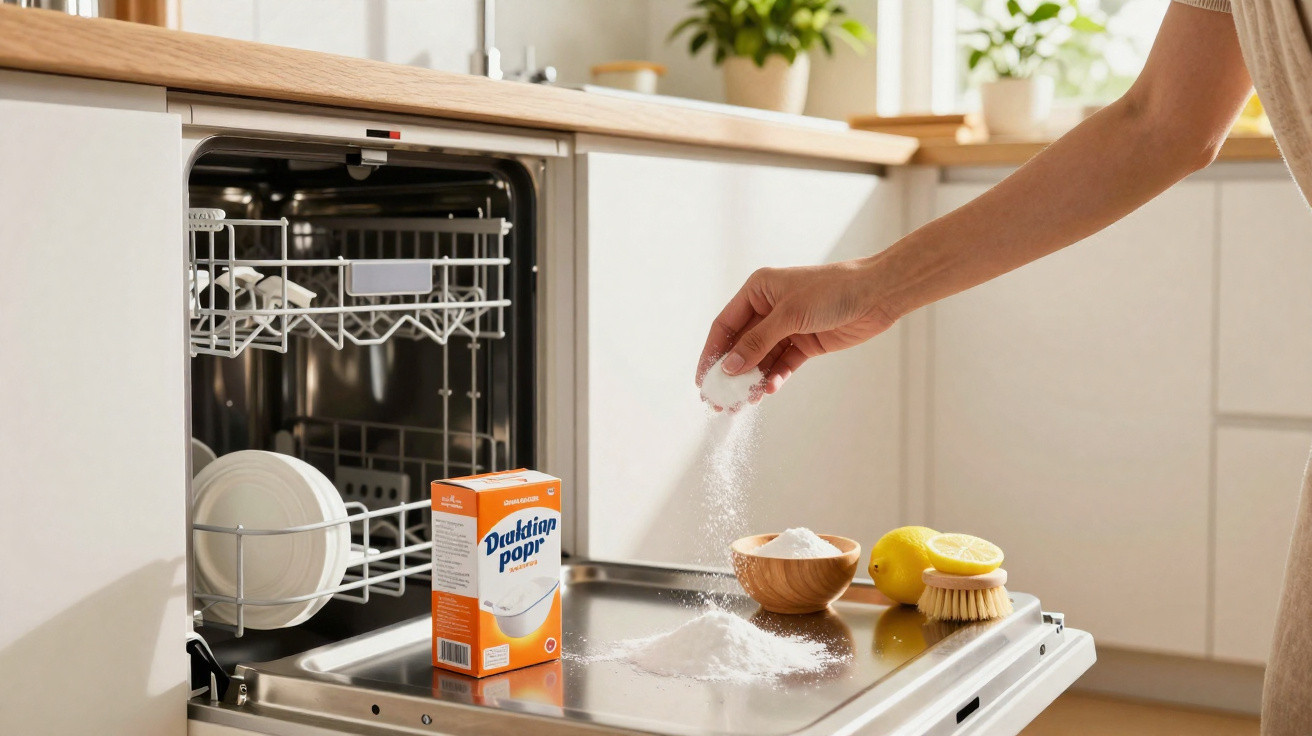 Mão colocando pó de detergente em detergente em pó para lava-louças aberto em cozinha iluminada natural.