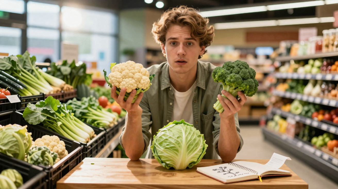 Jovem em supermercado segurando couve-flor e brócolis, com repolho sobre mesa e livro aberto.