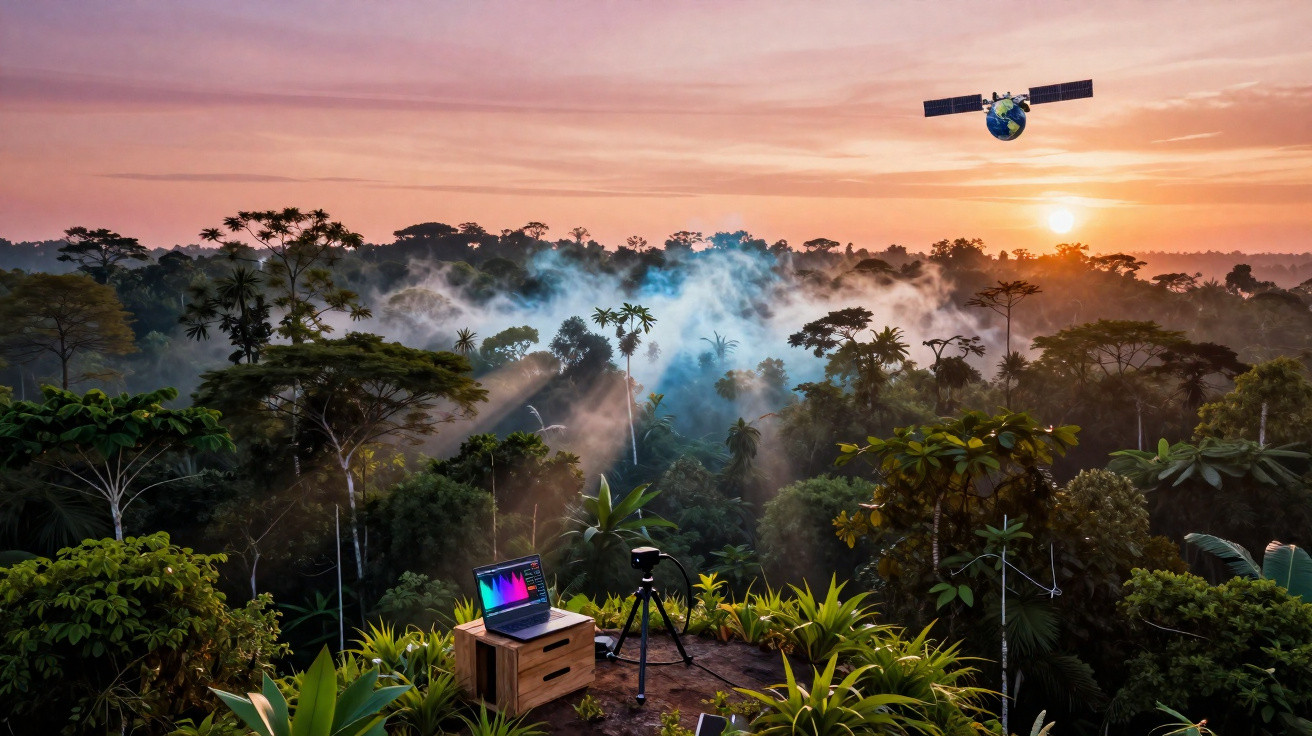 Floresta tropical ao amanhecer com laptop, câmera e satélite digital no céu entre névoa e árvores.