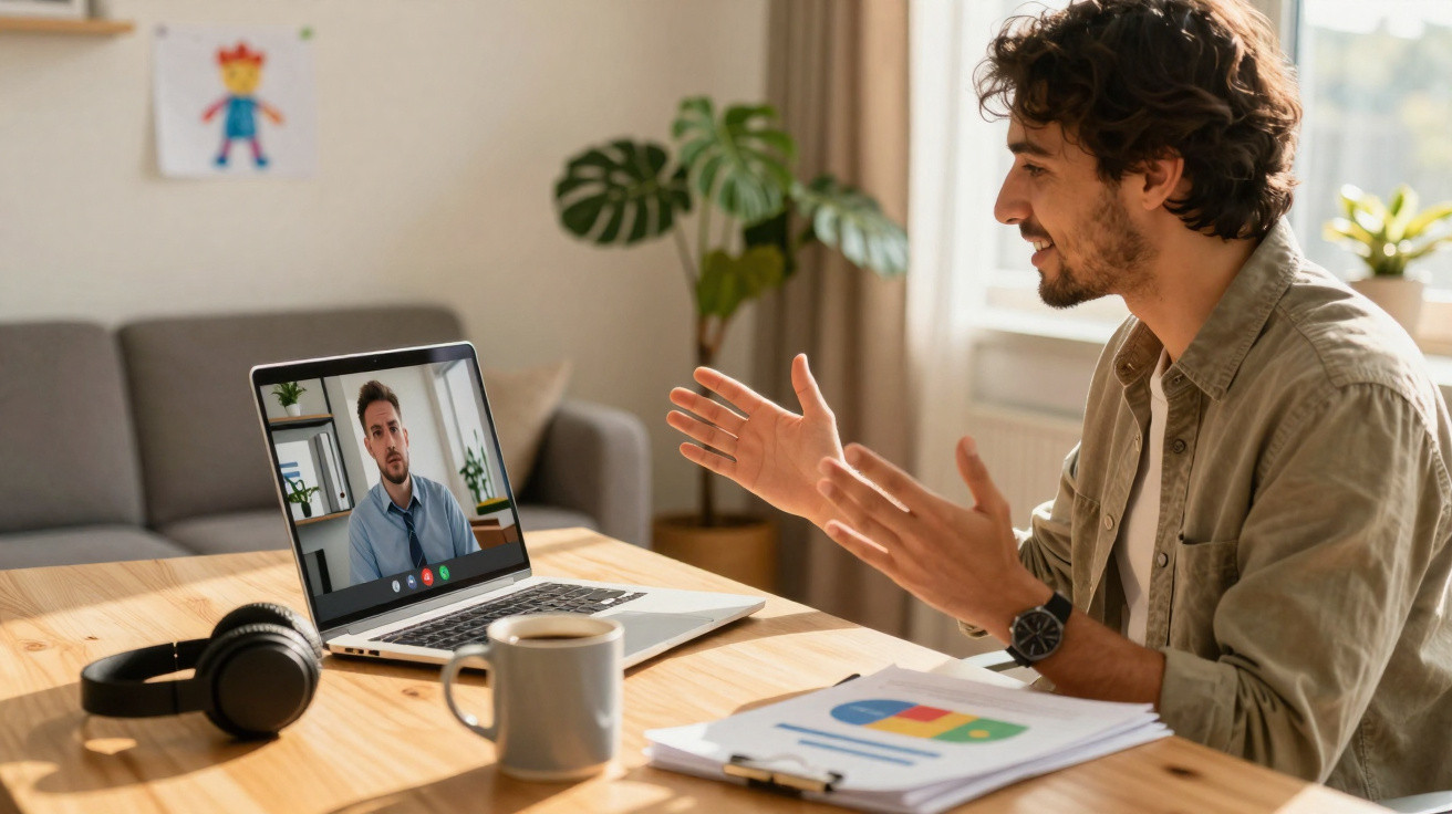 Homem participando de videoconferência em escritório em casa com gráficos e café na mesa.