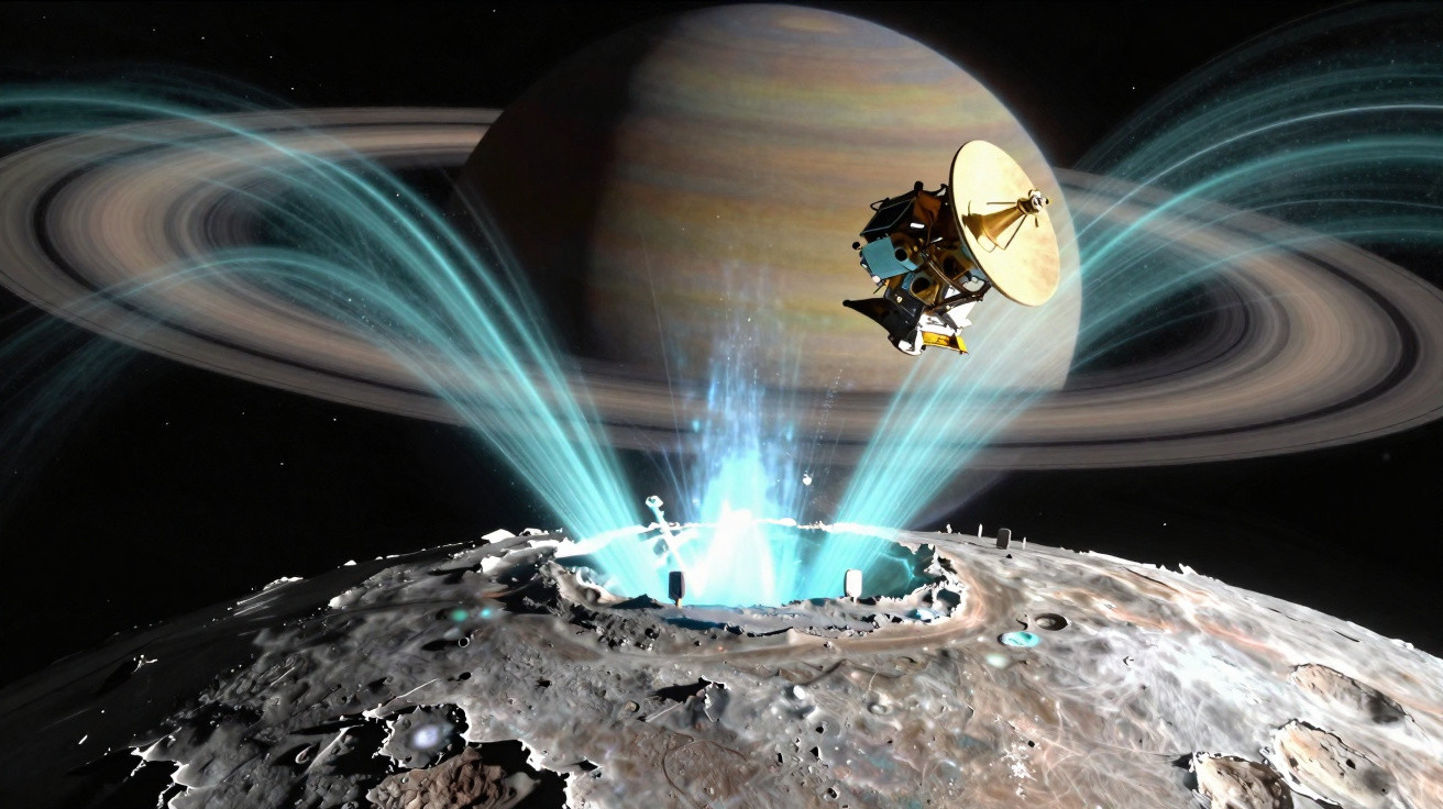Ilustração de sonda espacial explorando gêiseres na lua de Saturno com o planeta ao fundo.