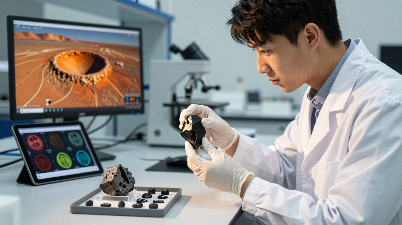 Cientista em laboratório analisa fragmento de rocha com imagens de crateras e amostras ao redor.
