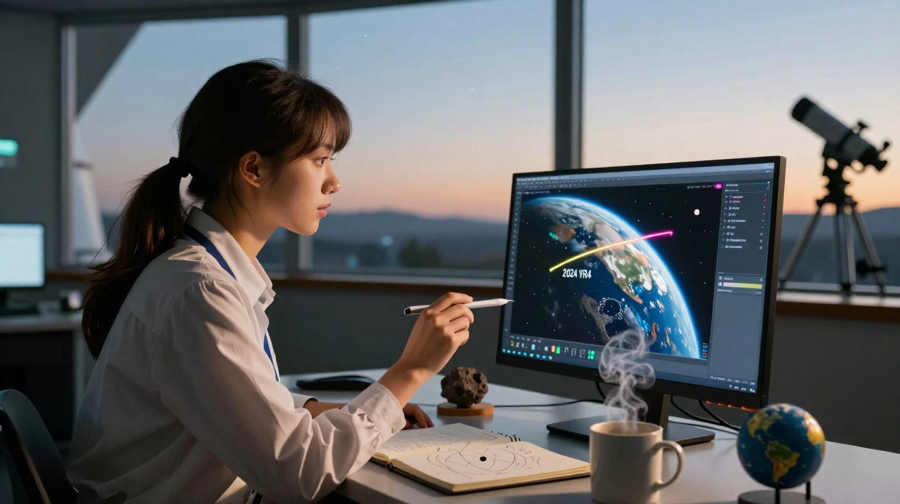 Mulher trabalhando com software de astronomia analisando órbita da Terra em escritório ao entardecer.
