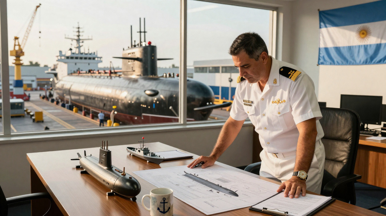 Homem em uniforme naval analisa planta de submarino em escritório com modelo e submarino real ao fundo.