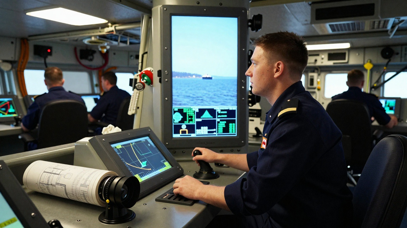 Jovem marinheiro operando equipamentos de navegação em sala de controle de navio com vista para o mar.