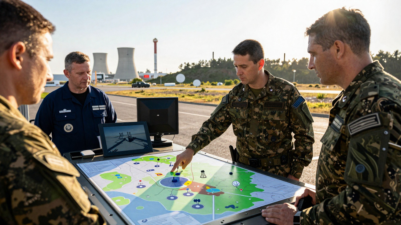 Militares em uniforme analisam mapa tático digital ao ar livre com usina nuclear ao fundo.