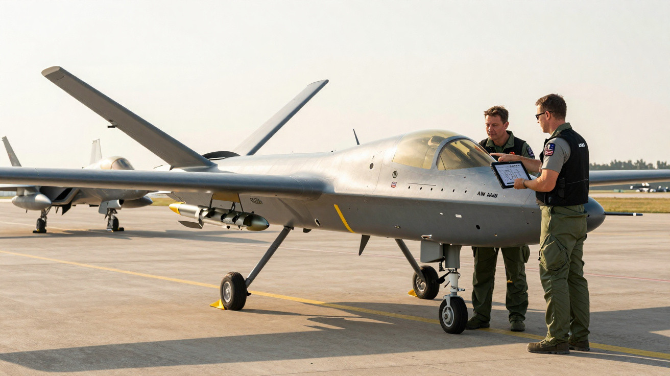 Dois militares inspecionam um drone cinza em uma pista de concreto sob luz do dia.