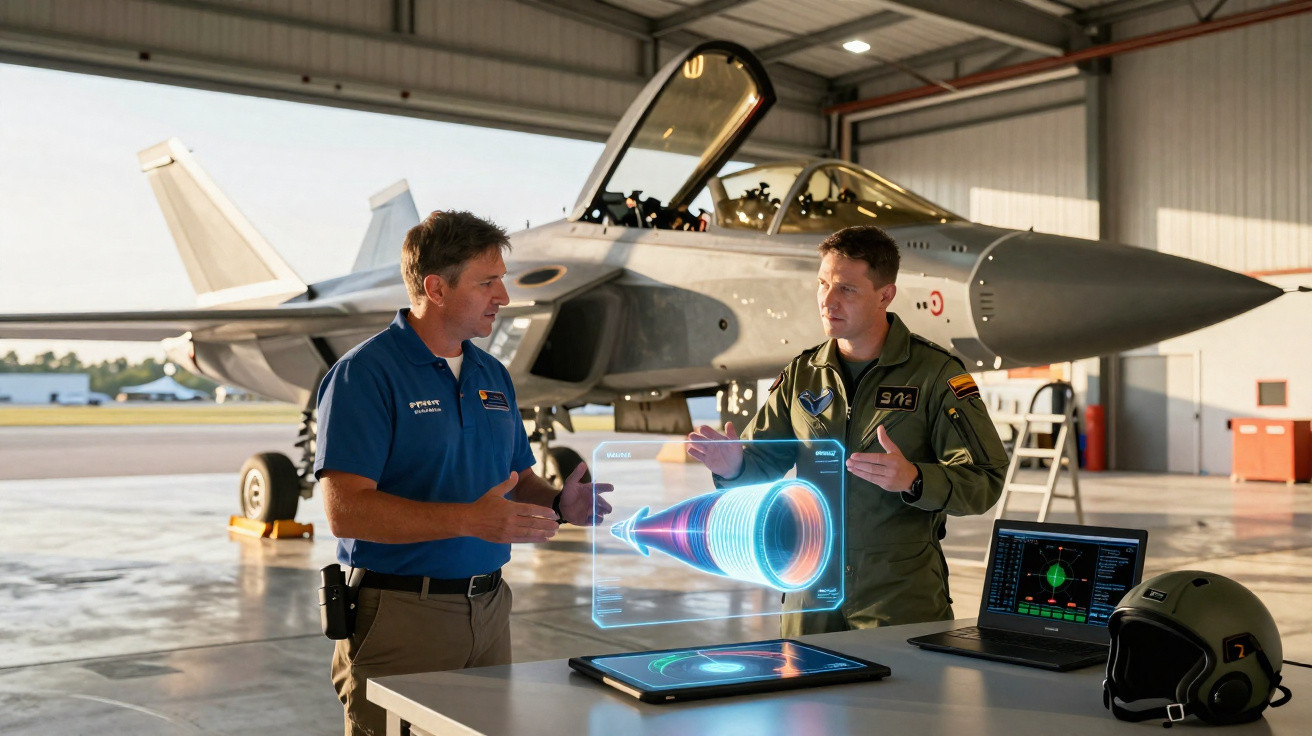 Dois homens, um em uniforme militar e outro em azul, discutem frente a um caça em hangar com holograma e equipamentos.