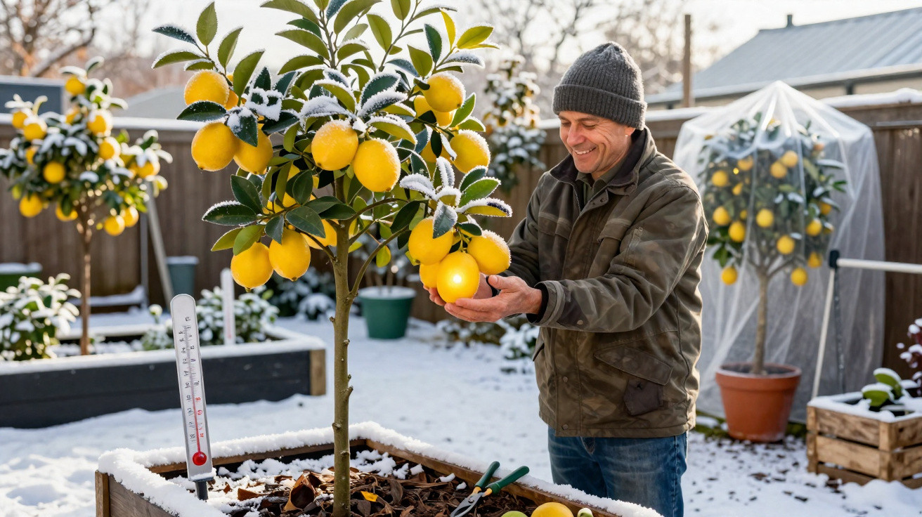 Homem sorridente colhendo limões em jardim com neve e termômetro marcando temperatura baixa.