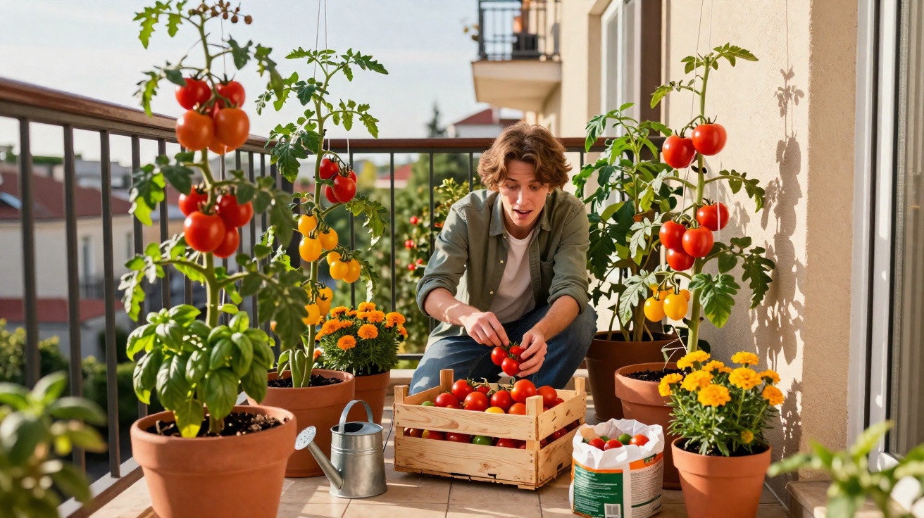 Jovem colhendo tomates em vasos no jardim de sacada ensolarada com flores e regador.