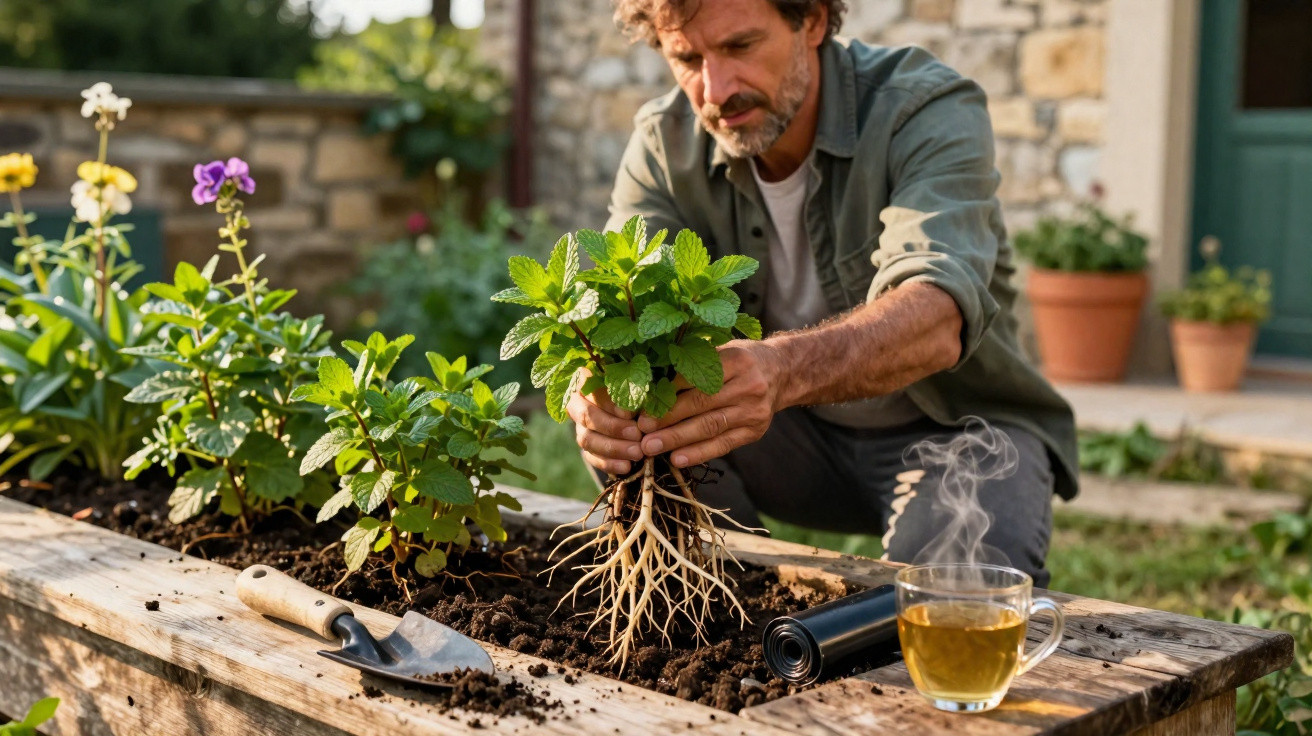 Homem transplantando planta aromática em canteiro de madeira no jardim com xícara de chá ao lado.