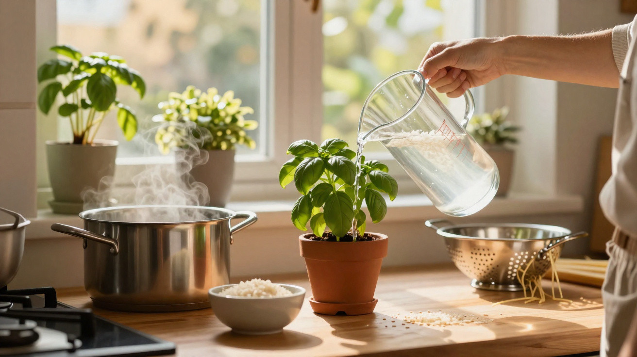 Pessoa regando planta de manjericão na cozinha com panela quente e tigela de arroz sobre bancada de madeira.