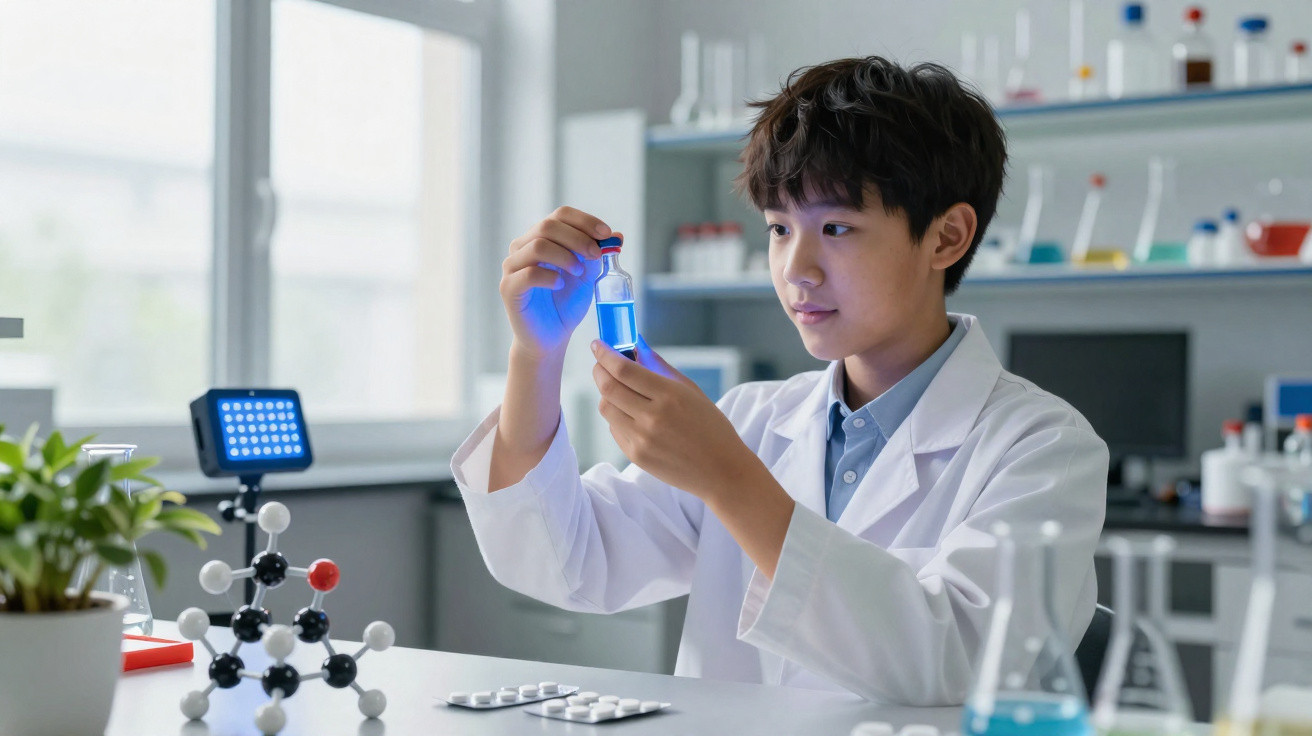 Criança com jaleco branco observa frasco com líquido azul em laboratório científico moderno.