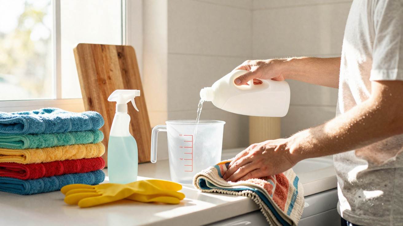 Pessoa despejando líquido de um frasco branco em um copo medidor na cozinha para limpeza.