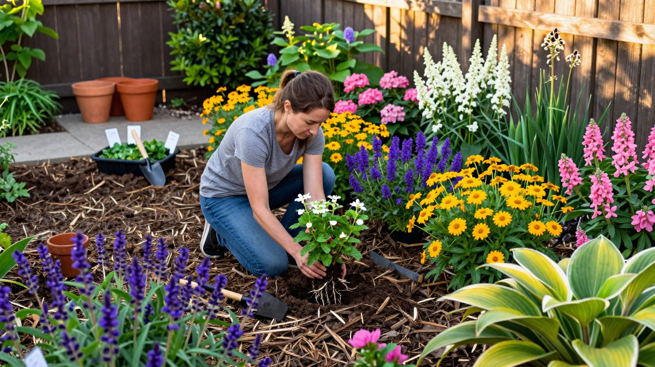 Mulher plantando flores brancas em jardim florido com diversas plantas e cercado de madeira.