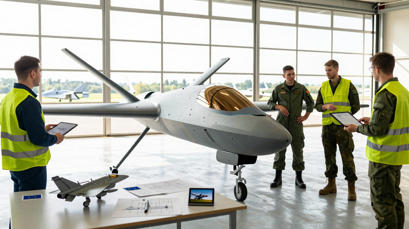 Quatro homens em uniforme discutem ao redor de um drone cinza grande em hangar com maquetes e plantas na mesa.