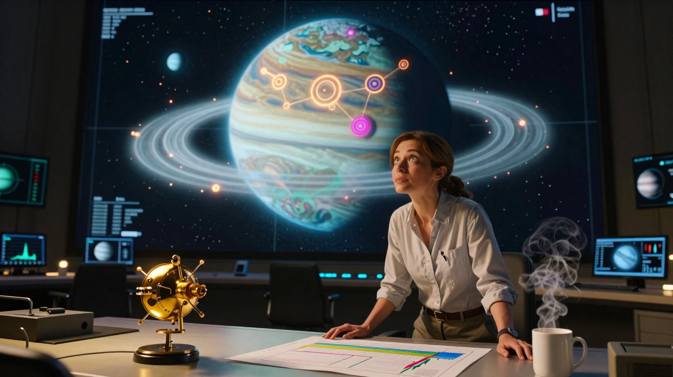 Mulher em laboratório olhando para projeção digital de planeta com anéis e dados científicos ao redor.