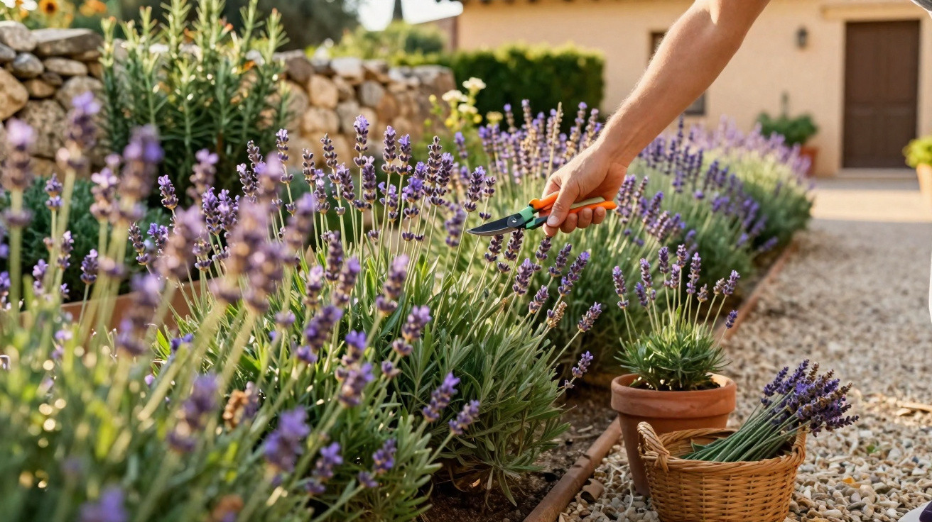 Pessoa colhendo flores de lavanda em jardim ensolarado com cesta e vaso ao lado.
