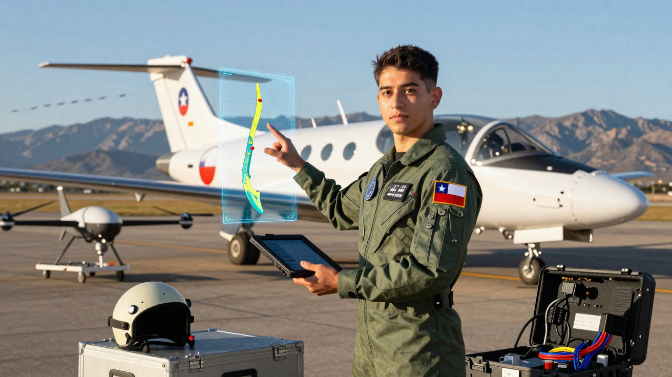 Militar chileno em uniforme verde com tablet, simulando mapa holográfico ao lado de avião e equipamentos no aeródromo.