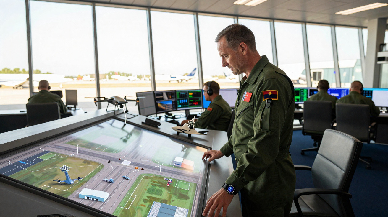 Homem em uniforme militar opera tela digital com mapa em sala de controle de aeroporto militar.