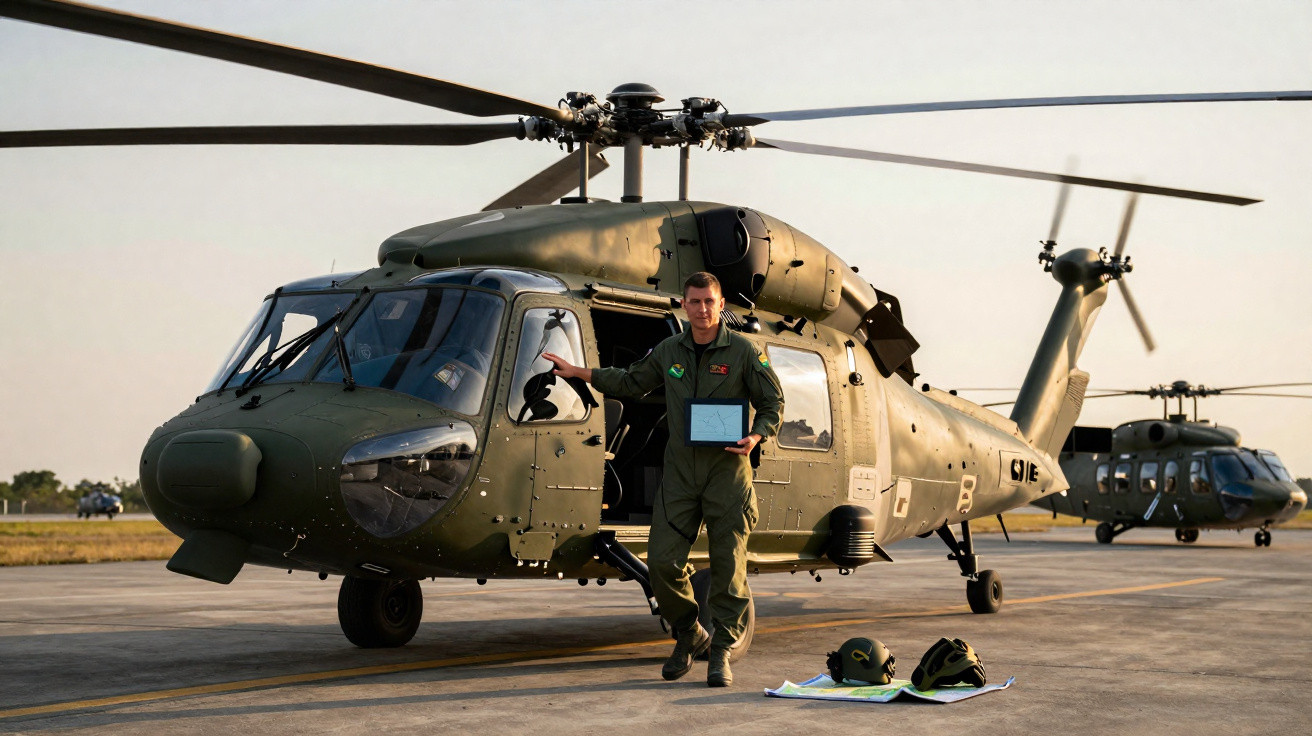Homem de uniforme militar posa com certificado ao lado de helicóptero verde em pista de pouso ao entardecer.