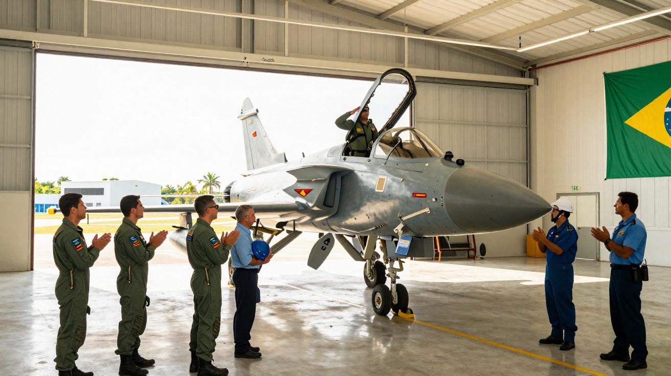 Militares brasileiros aplaudindo piloto em jato de caça dentro de hangar com bandeira do Brasil.