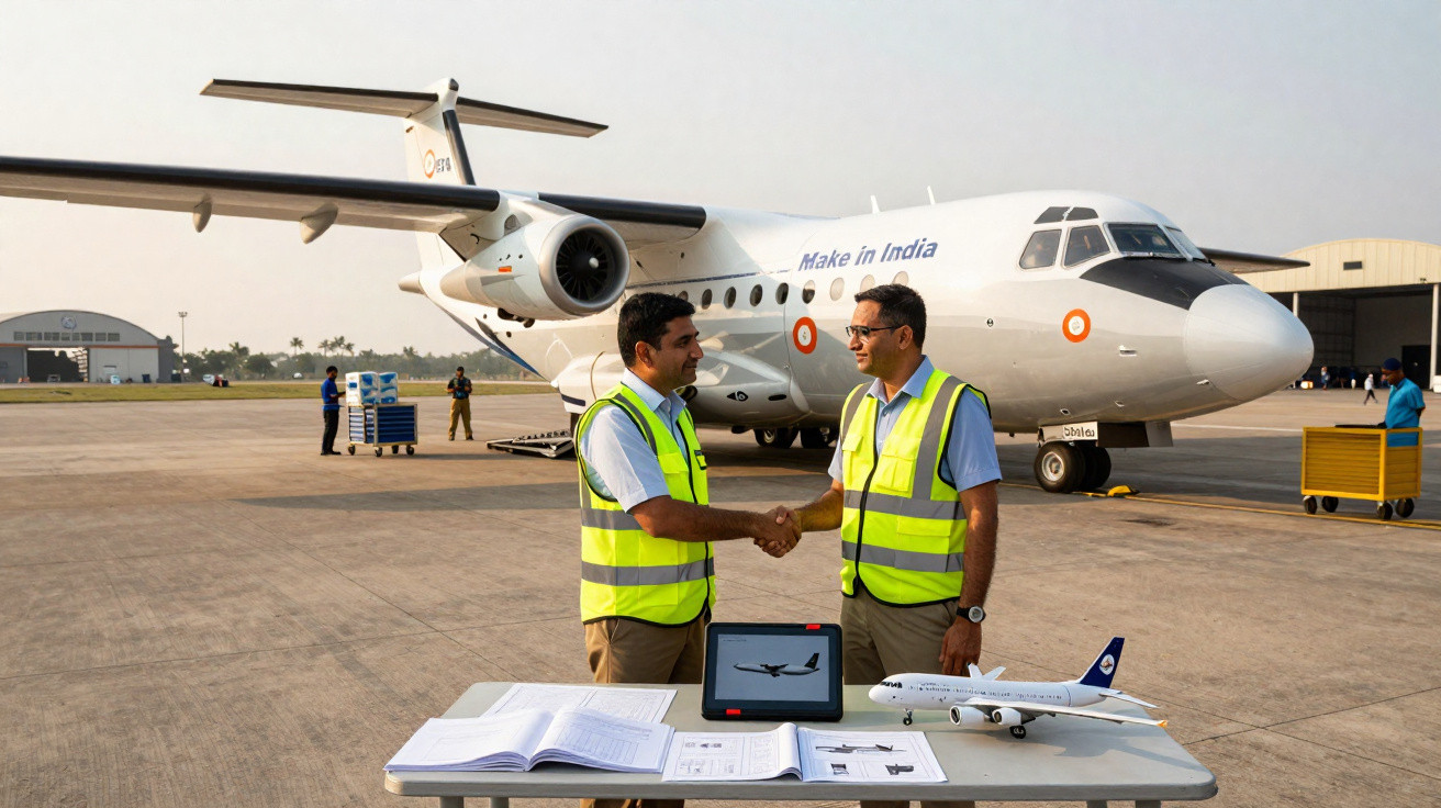 Dois homens de colete refletivo apertando as mãos em frente a avião branco com a frase "Make in India".