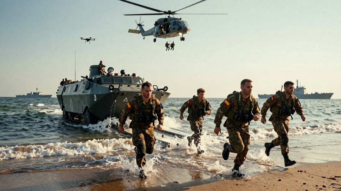 Soldados em uniforme militar desembarcando na praia com veículo anfíbio e helicóptero ao fundo.