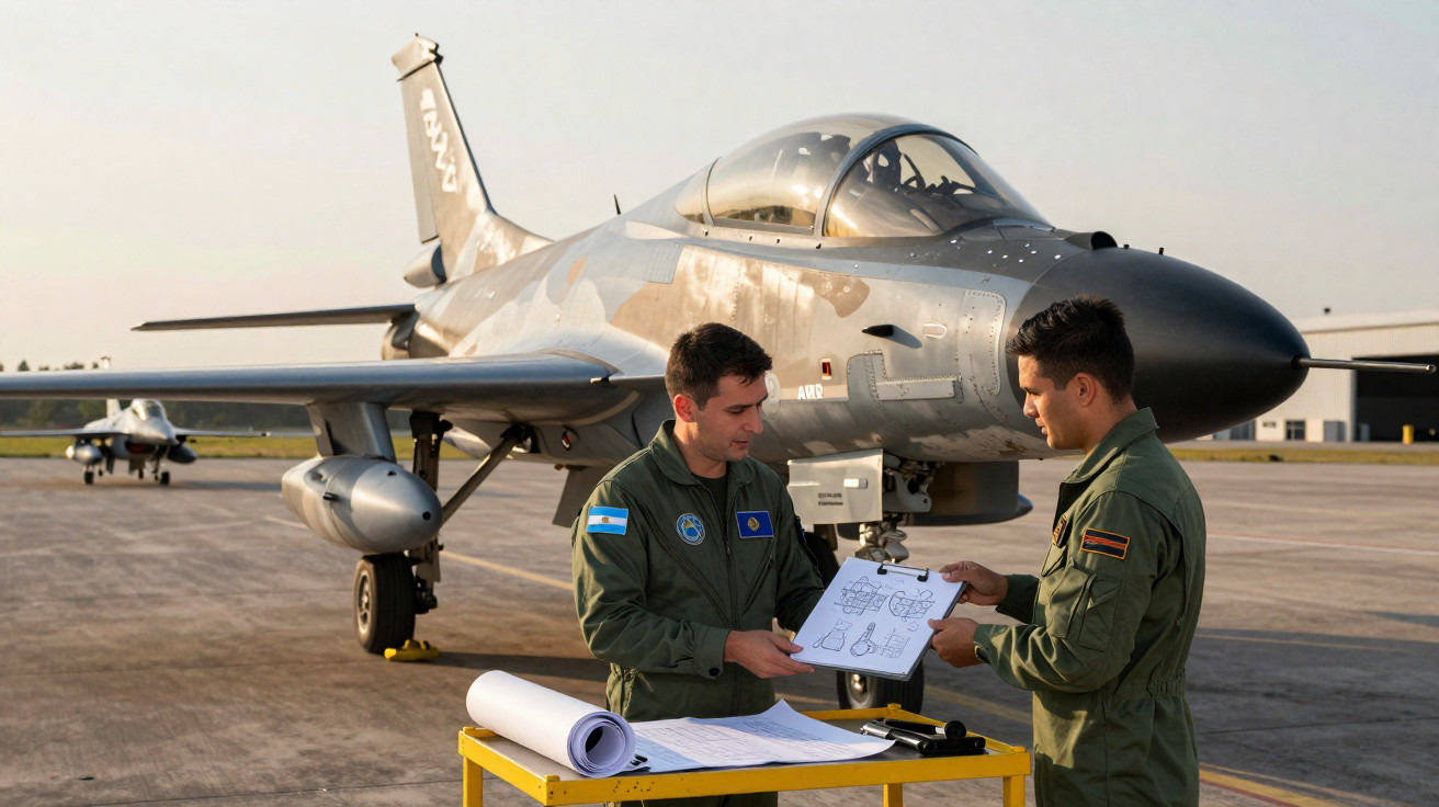 Dois pilotos em uniforme verde discutem planos técnicos próximos a um caça estacionado na pista durante o dia.