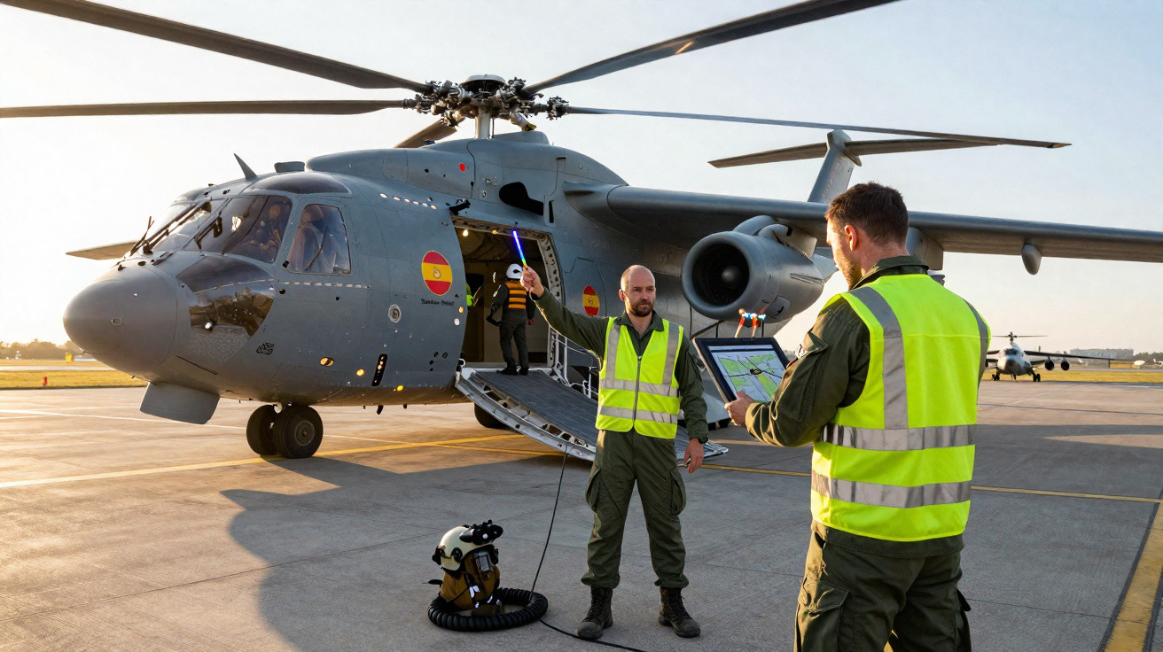 Helicóptero militar cinza na pista com três homens em coletes refletivos realizando procedimentos de segurança.