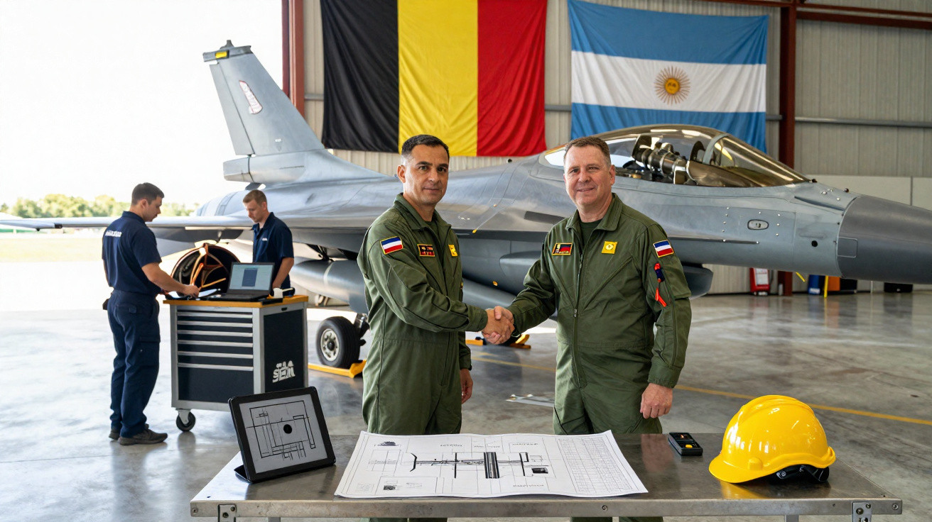 Dois pilotos militares apertam as mãos em hangar com caça e mapa, em frente a bandeiras da Bélgica e Argentina.