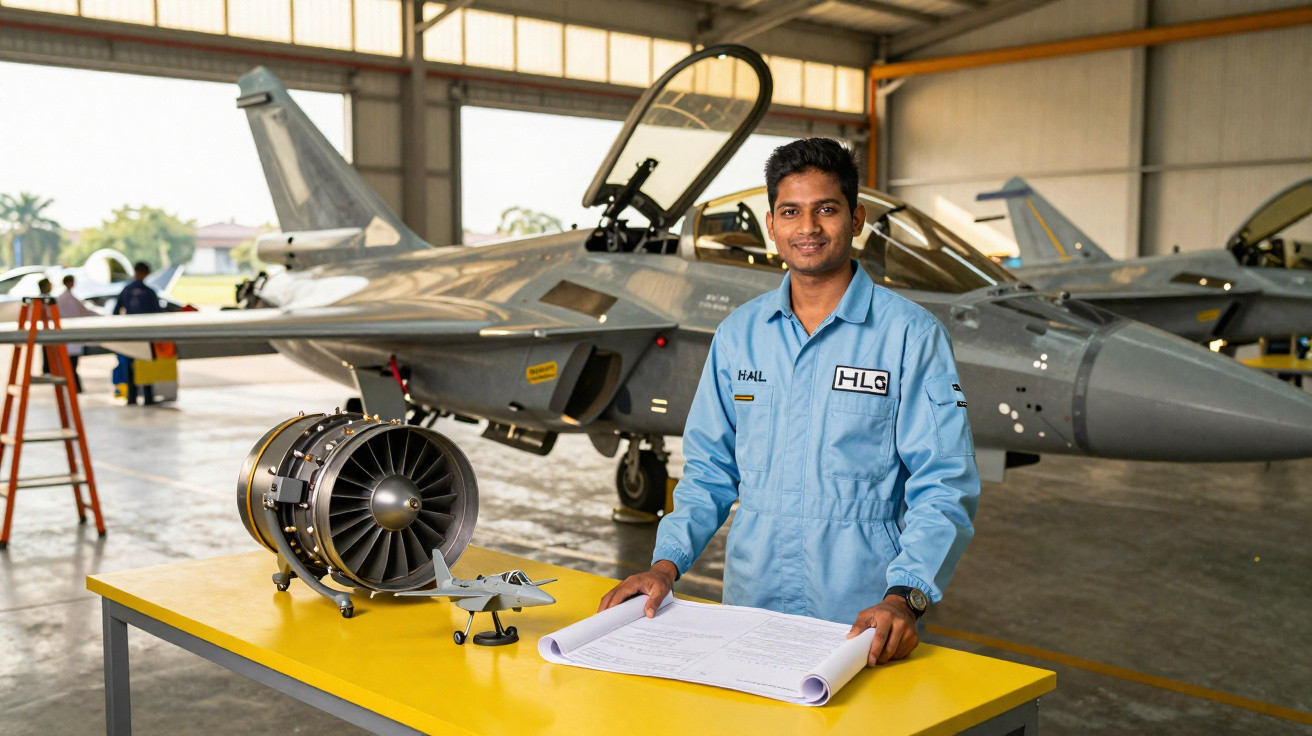 Homem em macacão azul em hangar, segurando planta, com modelo de avião e motor em mesa amarela, jato ao fundo.