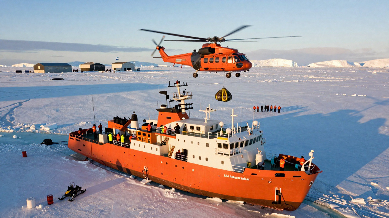 Helicóptero laranja transportando carga acima de navio de pesquisa em região gelada com pessoas ao fundo.