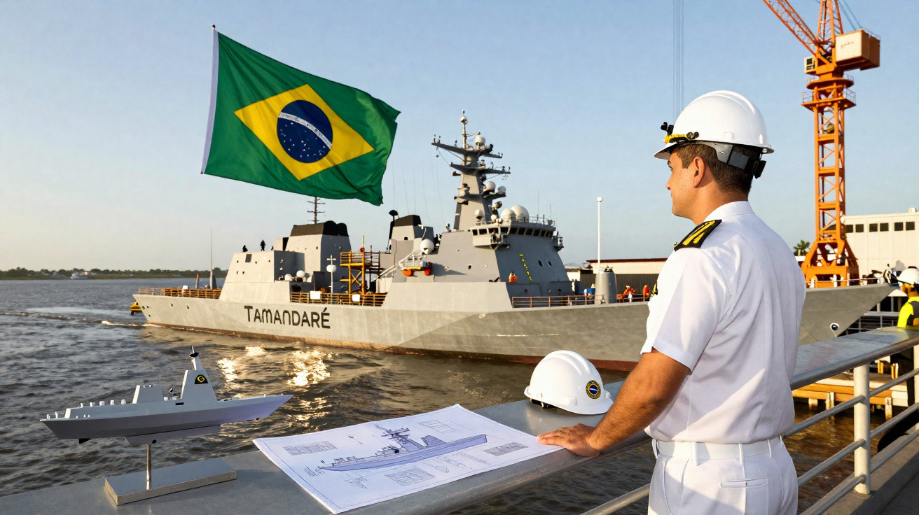 Militar da Marinha observa navio Tamandaré com bandeira do Brasil em porto ao entardecer.