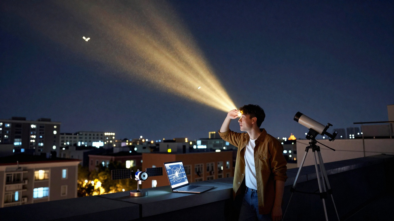 Homem olhando para o céu noturno com telescópio e laptop em um terraço urbano iluminado.