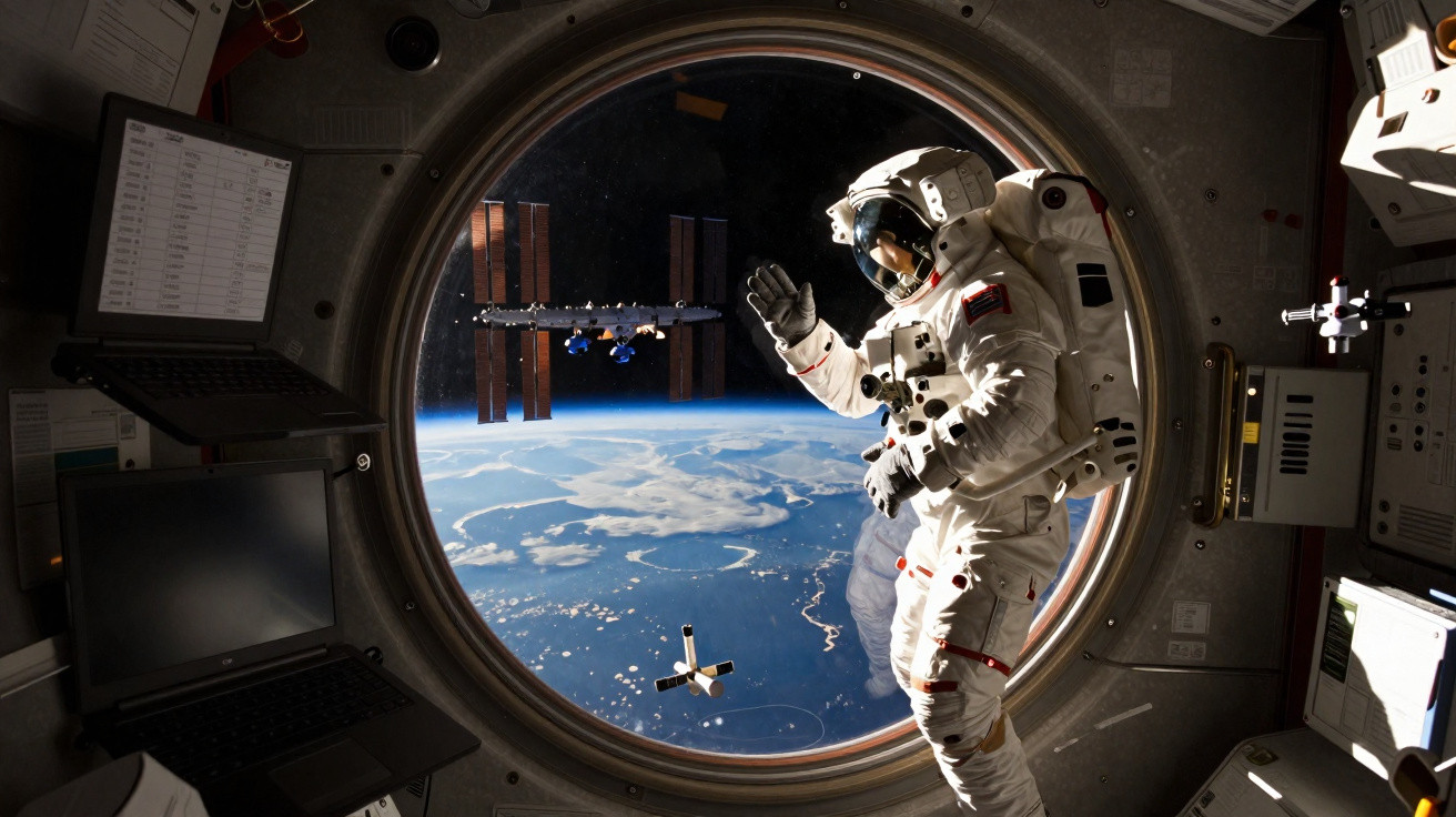 Astronauta flutuando no espaço com vista para a Terra e a Estação Espacial Internacional pela janela da nave.