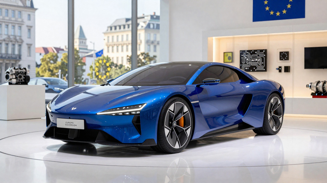 Carro esportivo elétrico azul exibido em ambiente moderno com sinalização da União Europeia ao fundo.