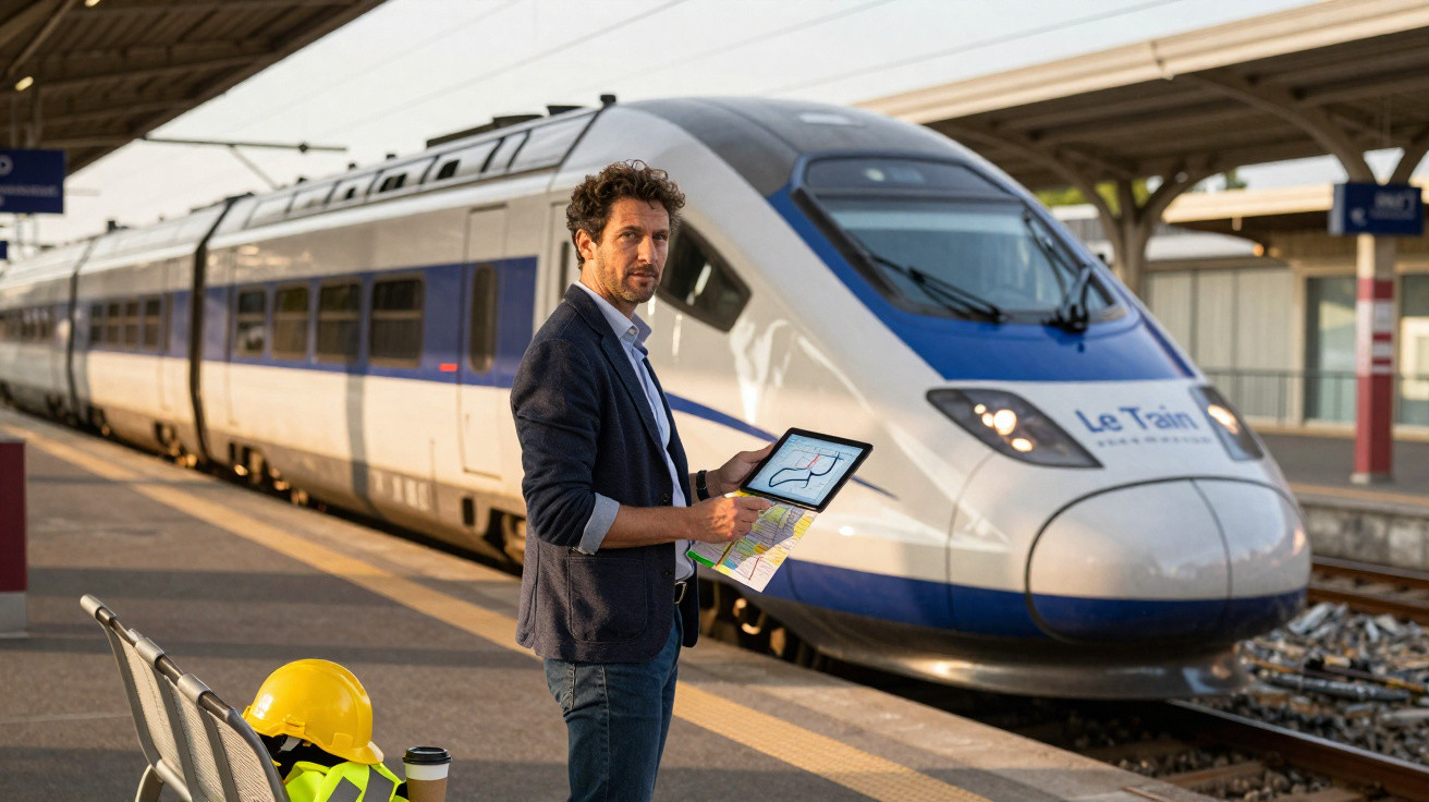 Homem com tablet e mapa em plataforma de trem ao lado de trem moderno branco e azul estacionado.