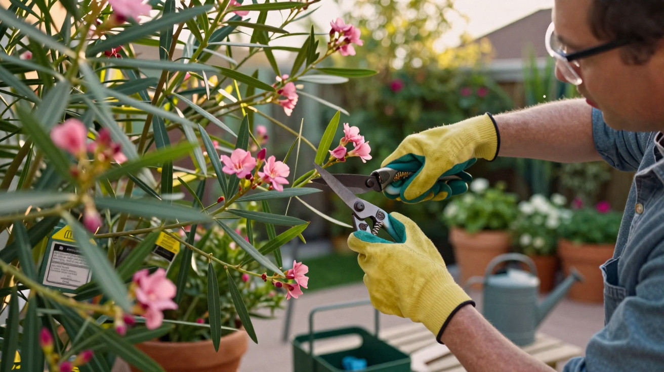 Pessoa podando flores rosas com tesoura de jardinagem em jardim residencial ao entardecer.