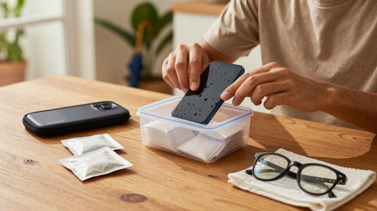 Pessoa colocando celular molhado em recipiente com sachês absorventes para secar sobre mesa de madeira.