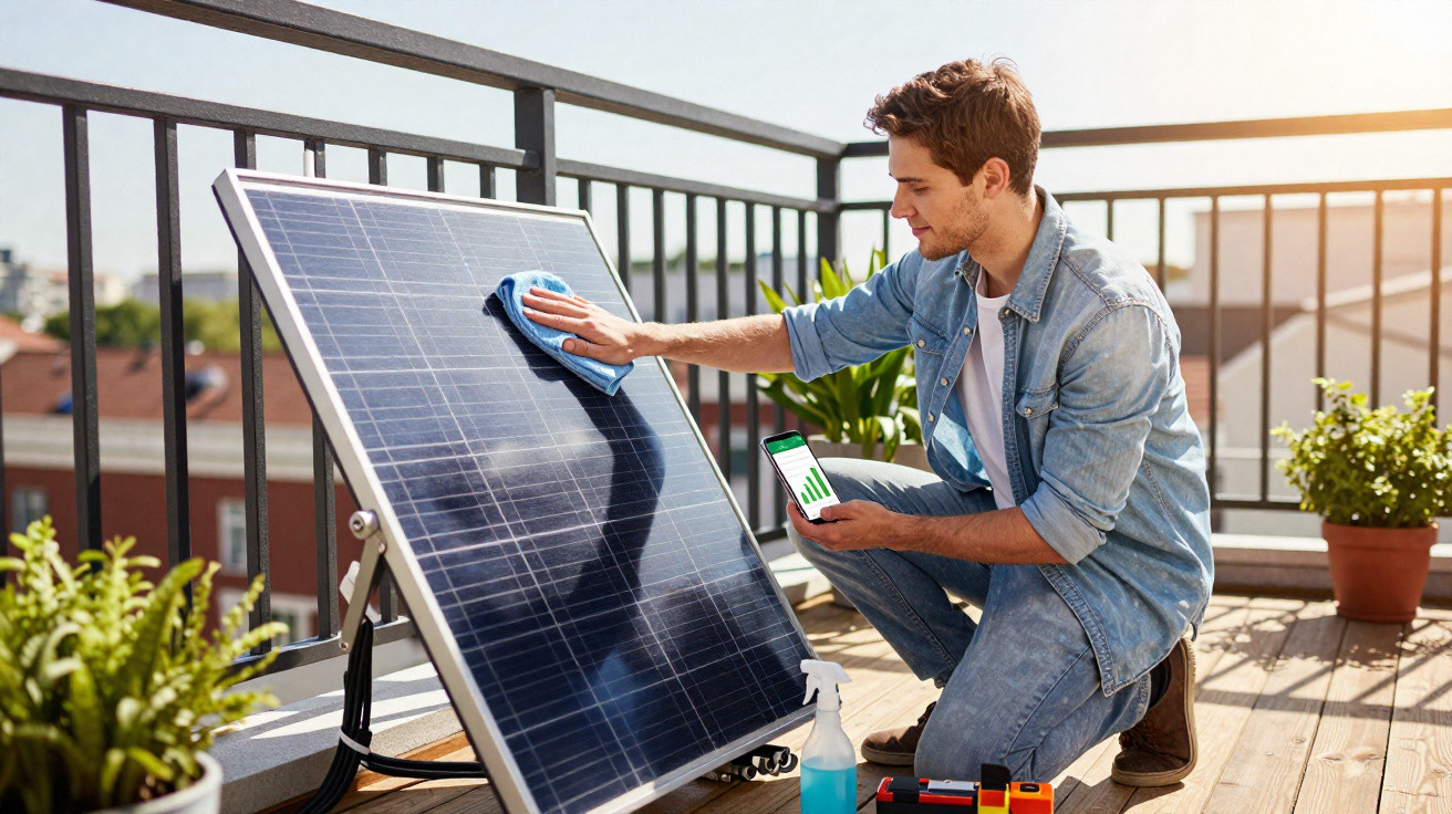 Homem limpando painel solar com pano azul em varanda ensolarada, segurando smartphone com gráfico verde.