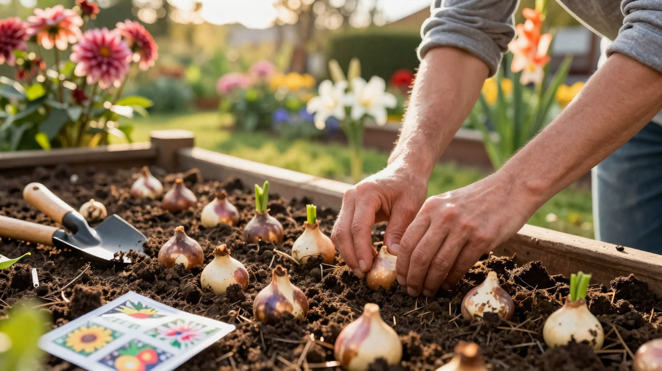 Mãos plantando bulbos em canteiro com ferramentas e flores ao fundo em jardim ensolarado.