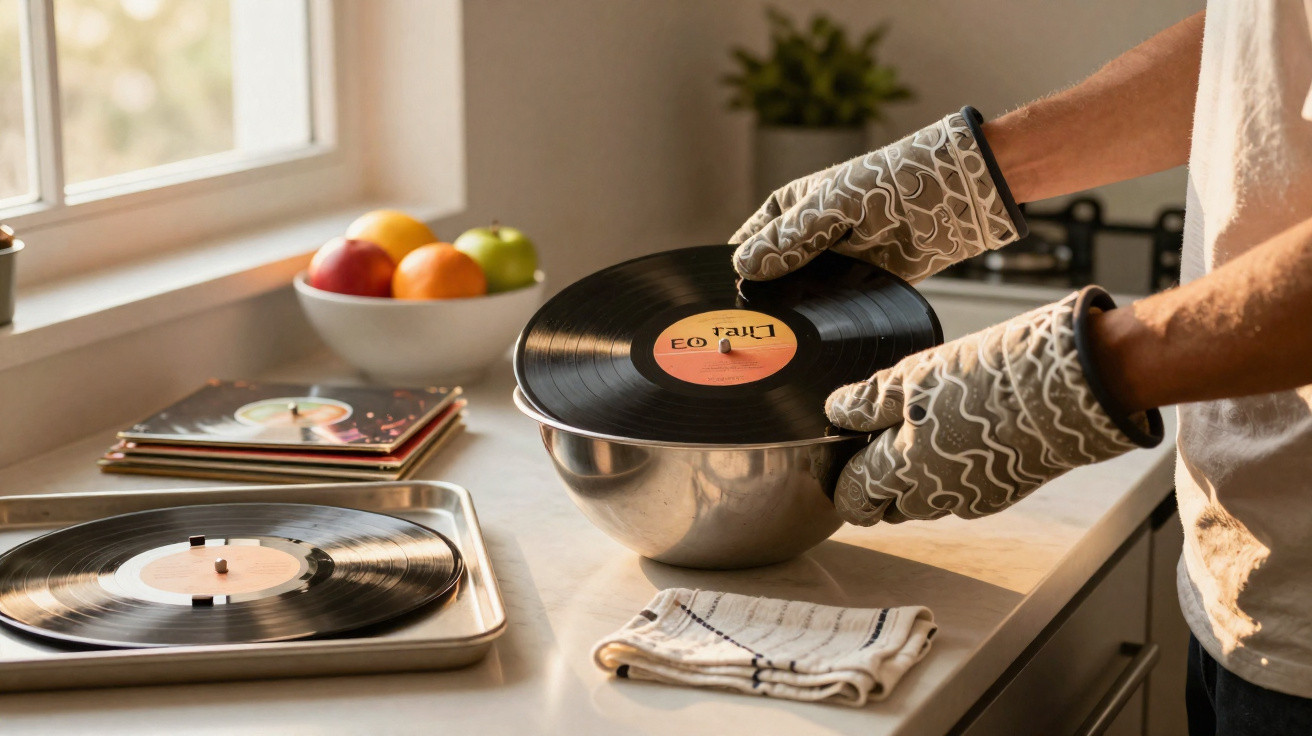Pessoa usando luvas de forno segura disco de vinil sobre tigela de metal em cozinha iluminada.