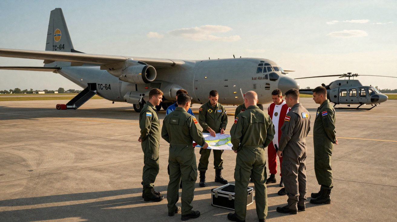 Militares em uniforme reunidos em briefing com mapa no aeroporto, ao lado de avião e helicóptero estacionados.