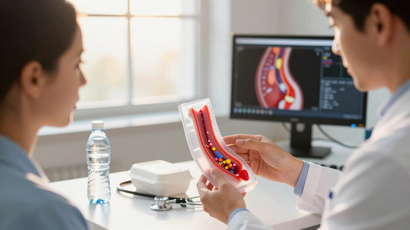 Médico mostrando modelo anatômico colorido do aparelho digestivo para paciente em consultório.