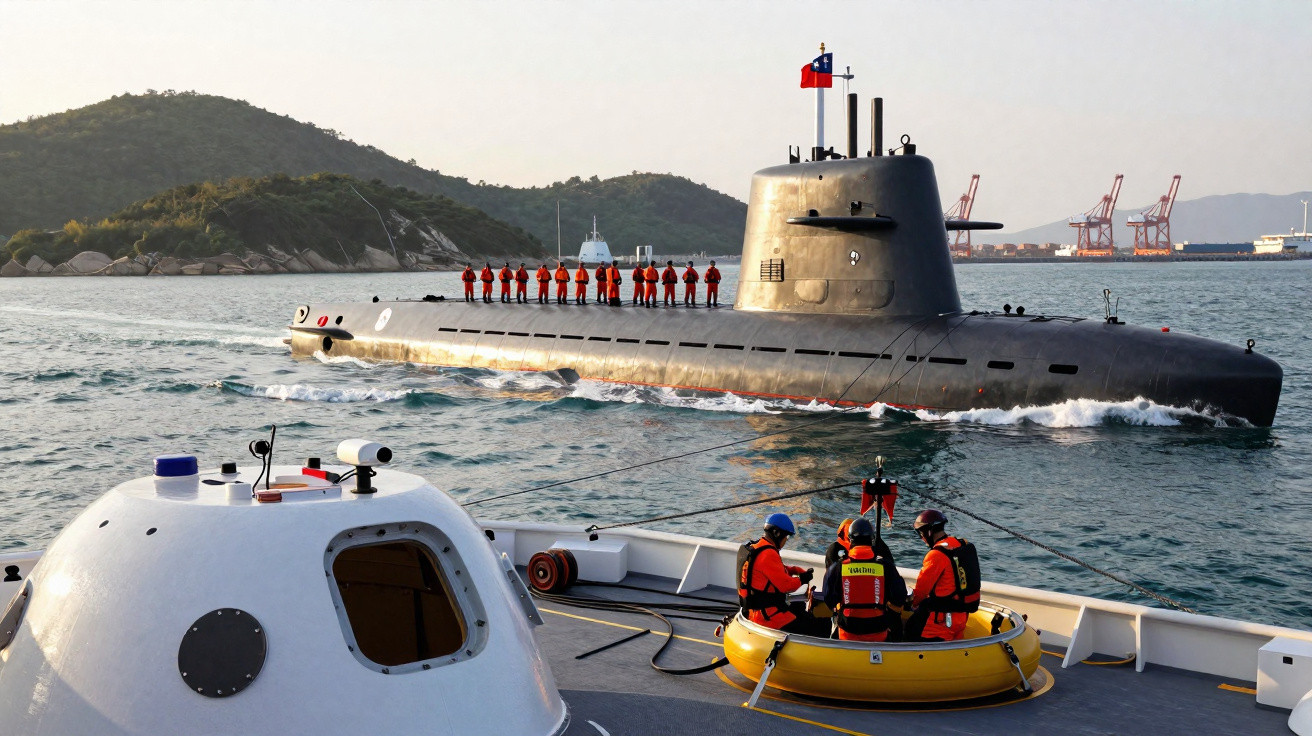 Submarino preto com tripulação em pé, em mar calmo, próximo a bote com três pessoas de colete salva-vidas.