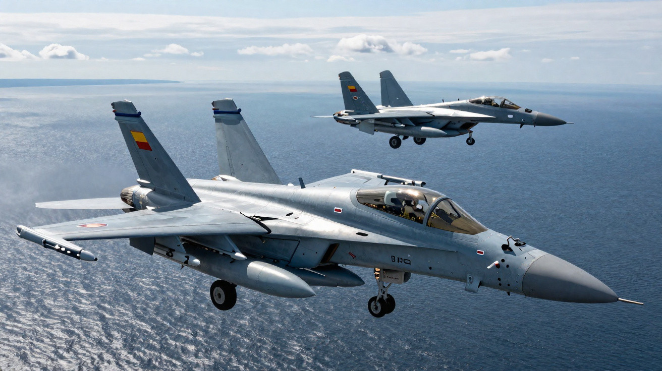 Dois caças militares voando sobre o oceano em céu parcialmente nublado.