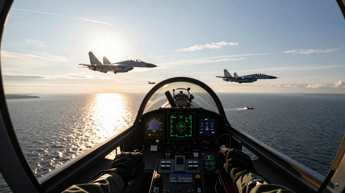 Vista do cockpit de um avião militar com outros jatos de combate voando sobre o mar ao pôr do sol.