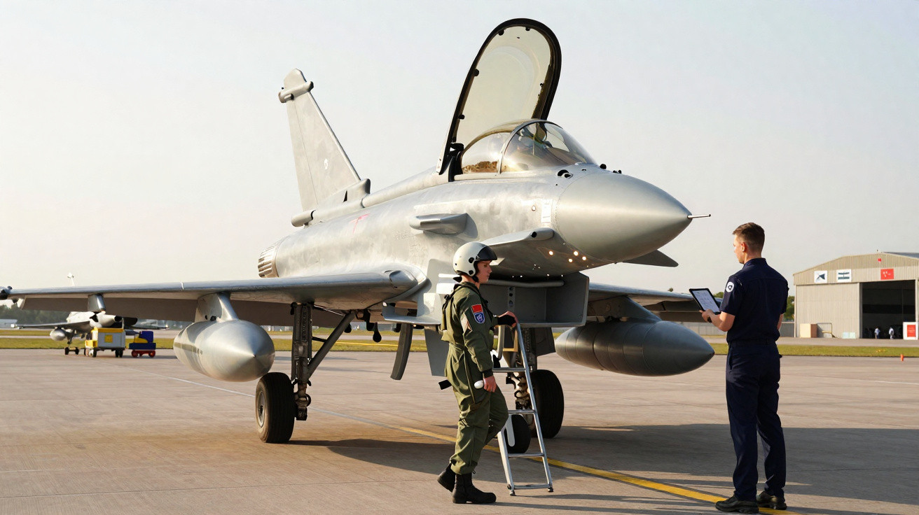 Avião de caça estacionado com dois militares trabalhando na pista de aeroporto.