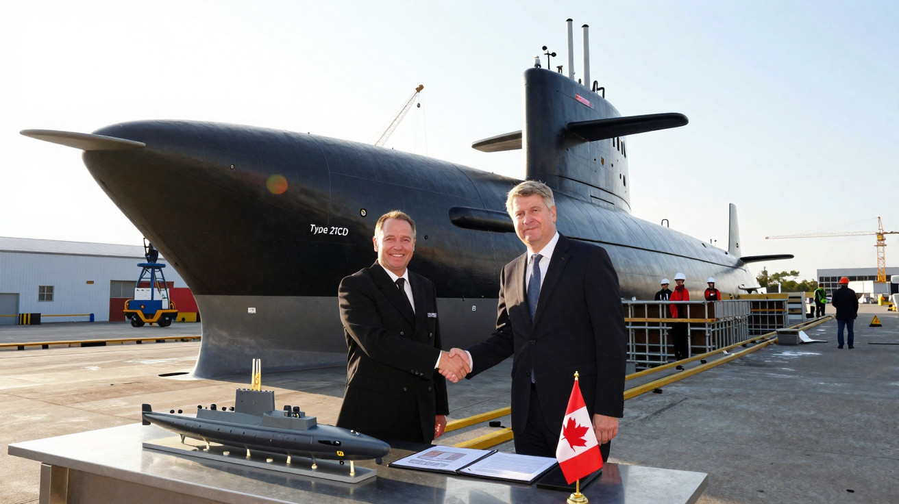 Dois homens de terno apertando as mãos em frente a um submarino preto Type 21CD em doca com modelo em miniatura.